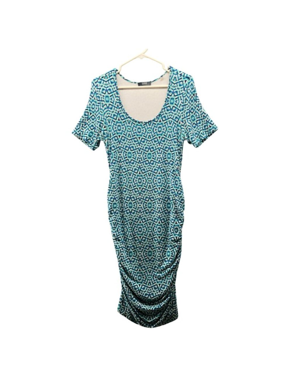 Tart Maternity Ruched Bodycon Dress Womens M Blue Geometric Print Short Sleeve